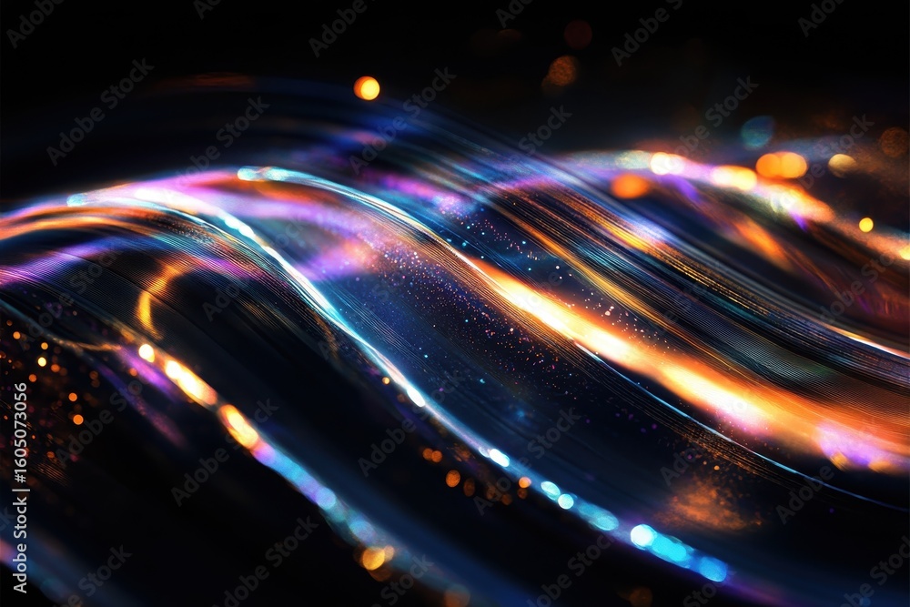 Poster diagonal lens flare effect creates colorful waves on a black background with vibrant sparkle, diagon