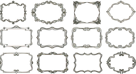 Collection of twelve unique vintage ornate frames for elegant designs and decorative elements with classic victorian style isolated on transparent background