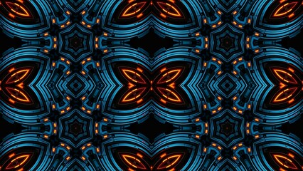 Futuristic seamless digital pattern with glowing orange and blue geometric shapes on a black background, high-tech and sci-fi inspired design with cybernetic symmetry and layered textures.