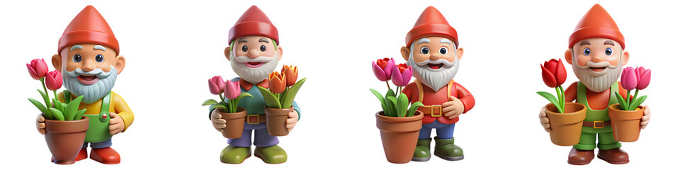 Set for A collection of four garden gnomes holding flower pots with tulips on a transparent background