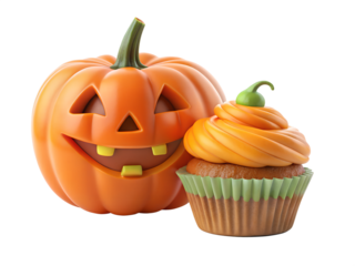 A carved halloween pumpkin with a funny face next to an orange frosted cupcake isolated on transparent background