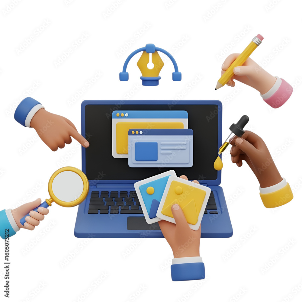 Poster 3d illustration of digital design and creative process with a laptop and various tools isolated on t