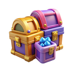 A stack of cartoon treasure chests with gold and purple colors isolated on white isolated on transparent background