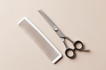 minimalistic shot of scissors and comb precisely arranged on clean background emphasizing negative space for text