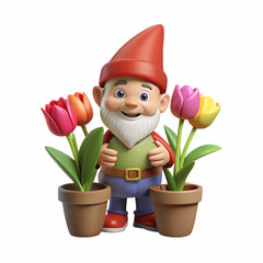 A cartoon garden gnome with tulips in pots isolated on a transparent background studio shot