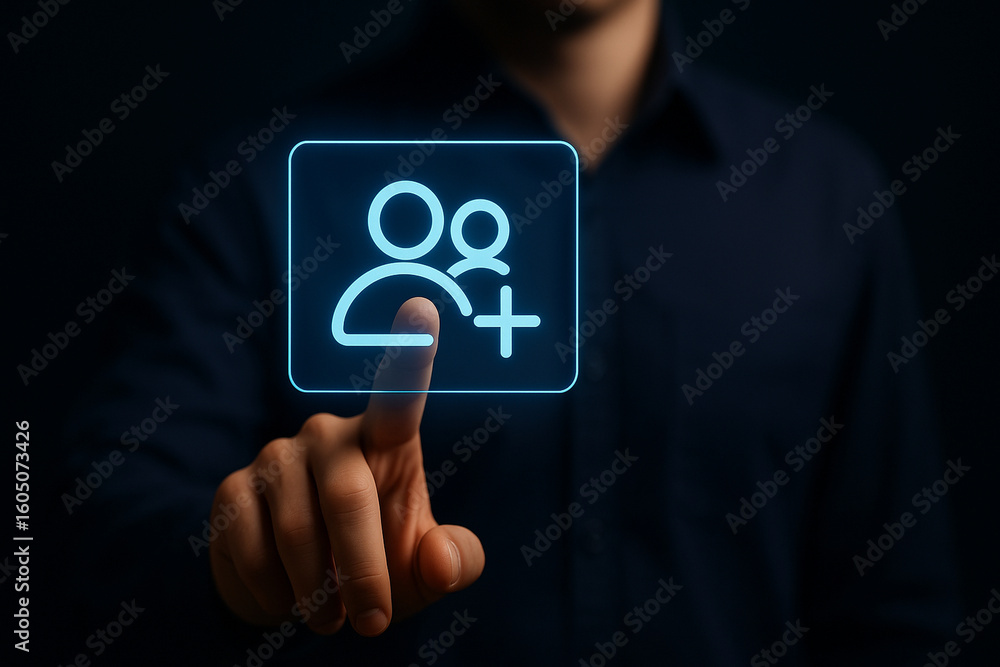 Poster professional man tapping glowing blue add users icon, futuristic digital interface, technology inter