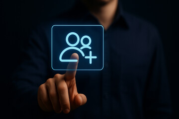 Professional man tapping glowing blue add users icon, futuristic digital interface, technology interaction concept, business communication innovation display