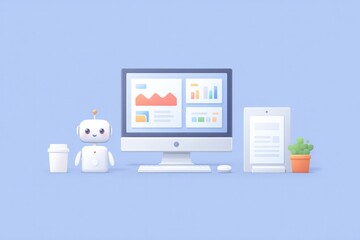 Obraz premium minimalistic office scene with robot and computer symbols of business process automation with clean lines