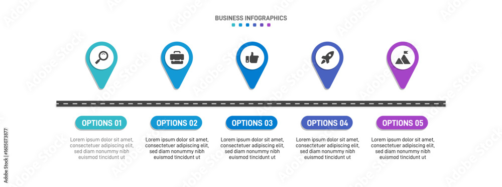 Aufkleber progress bar featuring 5 arrow-shaped elements, symbolizing the five stages of business strategy and