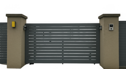 A modern gray horizontal slat gate is flanked by two beige concrete pillars one with a yellow light and the other with a doorbell isolated on transparent background