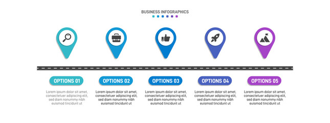 Progress bar featuring 5 arrow-shaped elements, symbolizing the five stages of business strategy and progression. Clean timeline infographic design template. Vector for mobile presentation.