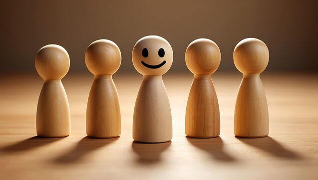 Five wooden figures standing in a row representing diversity inclusion and team dynamics with one figure having a smile face