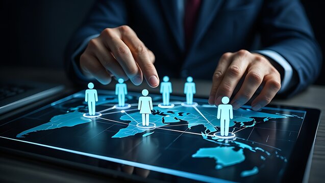 Global Business Expansion and Team Management Strategy Represented on Interactive World Map Display with Employee Icons and Connecting Lines