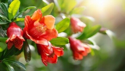 Obraz premium bright red pomegranate flowers blooming on green leafy plant in natural sunlight