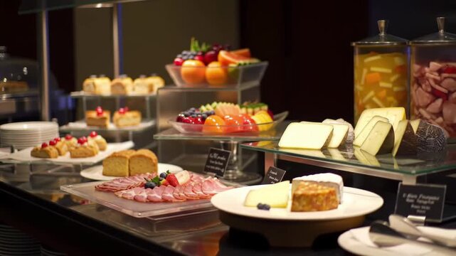 Elegant buffet selection: cheese, fruits, and cold cuts on display for culinary inspiration