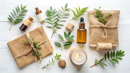 Natural spa and beauty products arranged with leaves and a lit candle