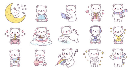 Obraz premium Set sticker of adorable kawaii chibi polar bear characters 