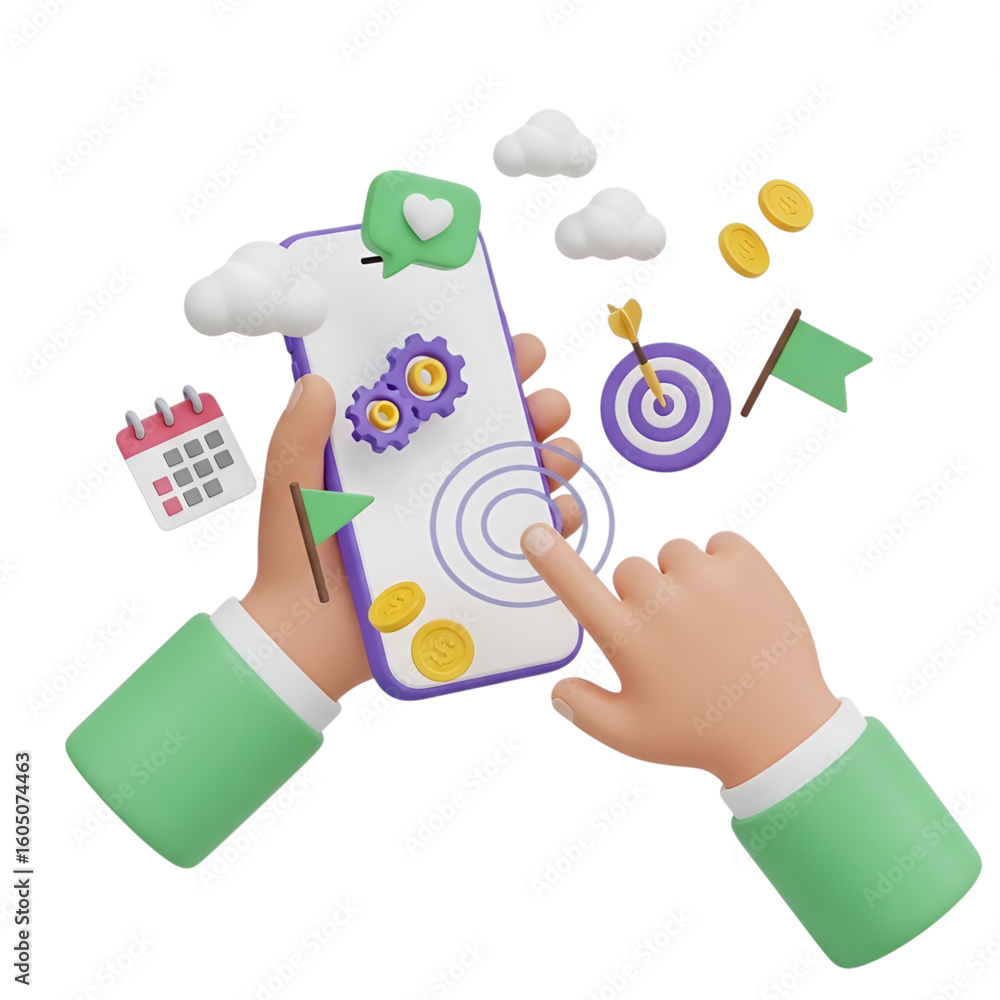 Poster 3d illustration of hands using smartphone with business icons target calendar and coins isolated on 
