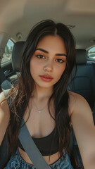 Natural Beauty in Daylight – Young Woman with Long Hair Inside Car