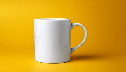white ceramic mug with handle on a vibrant yellow background for product mockups