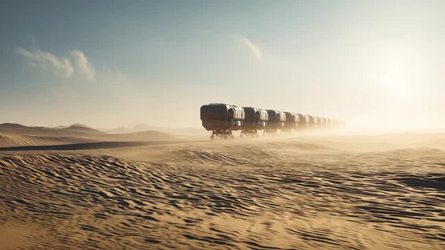 Cinematic shot of a line of hovering cargo pods connected like a train floating just above sand dunes, wind lifting the sand