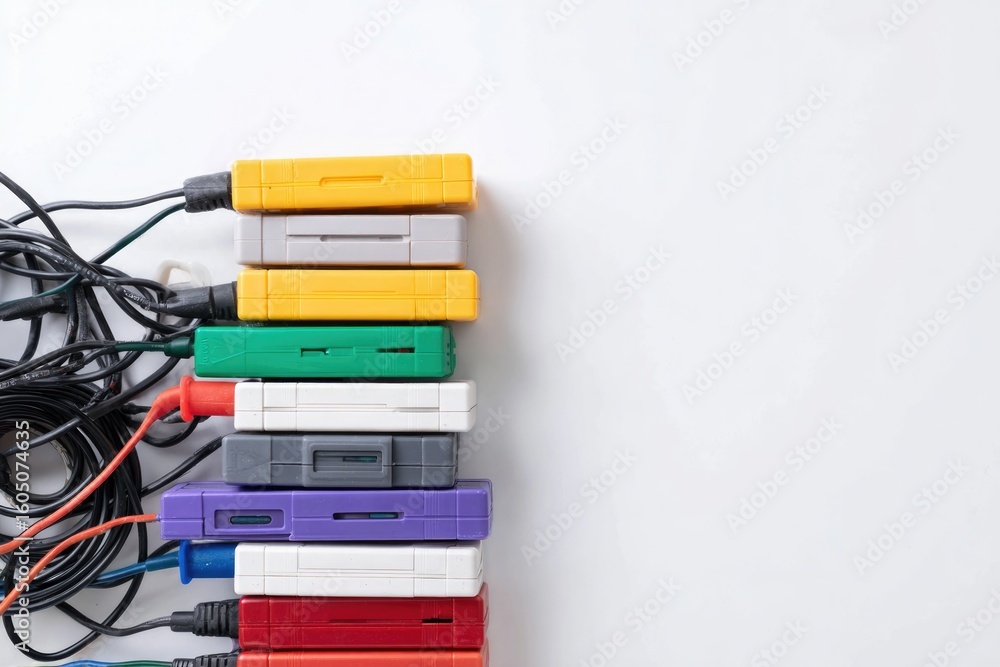 Poster top-down view of stacked classic game cartridges and tangled cords on desk with empty area right