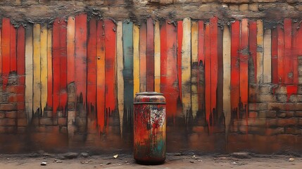 Colorful painted brick wall with a rusty can