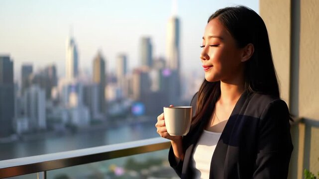 Morning solitude: woman enjoying coffee on balcony with city skyline background
