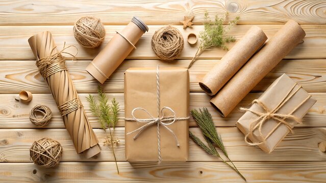 Flat lay of gift wrapping supplies and natural elements on a wooden background