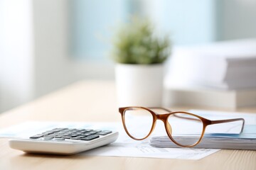 minimalistic desk with tax documents calculator and glasses signifying accounting services set against clean backdrop