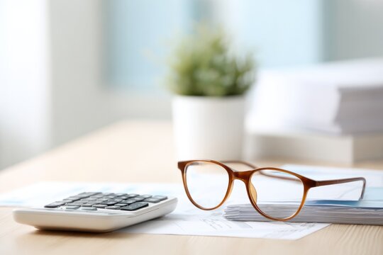 minimalistic desk with tax documents calculator and glasses signifying accounting services set against clean backdrop