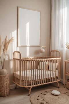 Boho Baby Crib Mockup in Neutral Room
