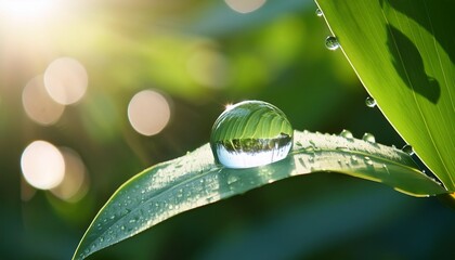 a glistening water droplet sits delicately on a lush green leaf soft sunlight filters through surrounding foliage enhancing the natural beauty and tranquility of this serene moment in nature