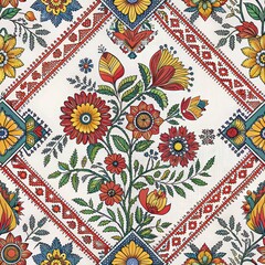 Vibrant Folk Art Floral Seamless Pattern with Traditional Motifs.