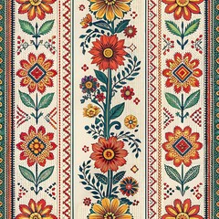 Vibrant Folk Art Floral Vertical Pattern with Geometric Details.