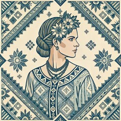 Folk Art Woman Portrait with Blue and White Traditional Patterns.
