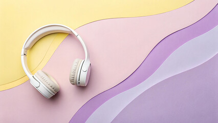 White headphones on pastel pink and purple wavy background