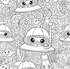 Fototapeta premium Seamless pattern with cute cartoon diving masks, fish, and underwater elements for coloring