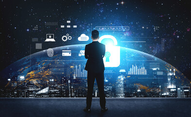 Digital cyber security lock system highlighting data security encryption, cyber password...
