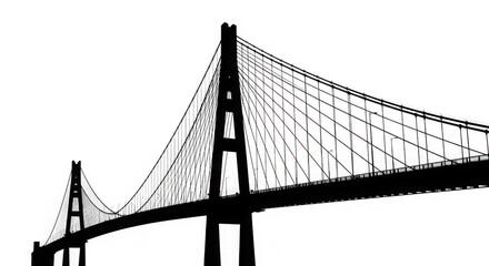 Dramatic black and white silhouette of a suspension bridge against a stark white backdrop showcasing its architectural design isolated on transparent background