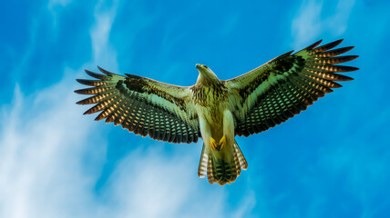 Majestic eagle soaring with wings spread wide against a bright blue sky with wispy clouds bird of prey