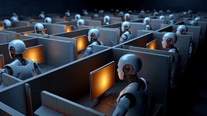 Robot replacing humans in office cubicles – futuristic concept of automation and AI taking over desk jobs