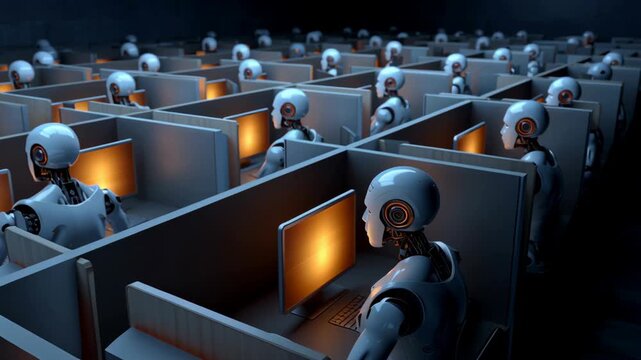 Robot replacing humans in office cubicles &ndash; futuristic concept of automation and AI taking over desk jobs