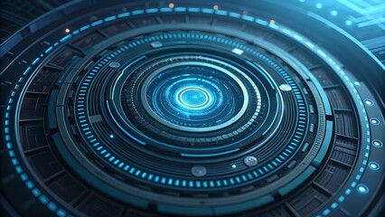 Advanced technology interface with concentric rings and glowing elements symbolizing digital networks and futuristic systems
