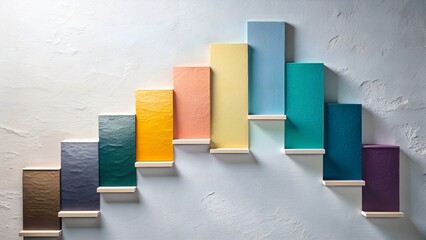 Abstract steps with colorful textured panels on a textured wall