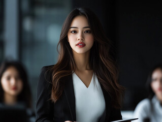 Confident Asian Businesswoman looks at camera in office setting. Professional. Business concept, web use, marketing, design, and editorial.