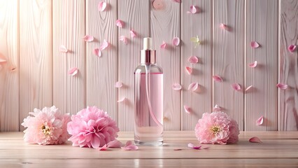 A bottle of pink perfume surrounded by pink flowers and petals