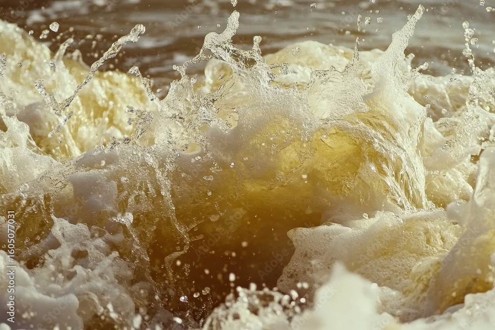 Poster zoomed in view of crashing ocean waves in slow motion reveals dynamic textures and foamy patterns, c