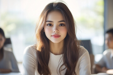 Young Businesswoman Looks at Camera. Portrait shows professionalism for marketing, web design, advertising, or editorial use.
