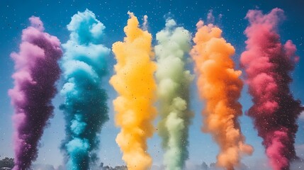 Colorful plumes of smoke against a clear blue sky